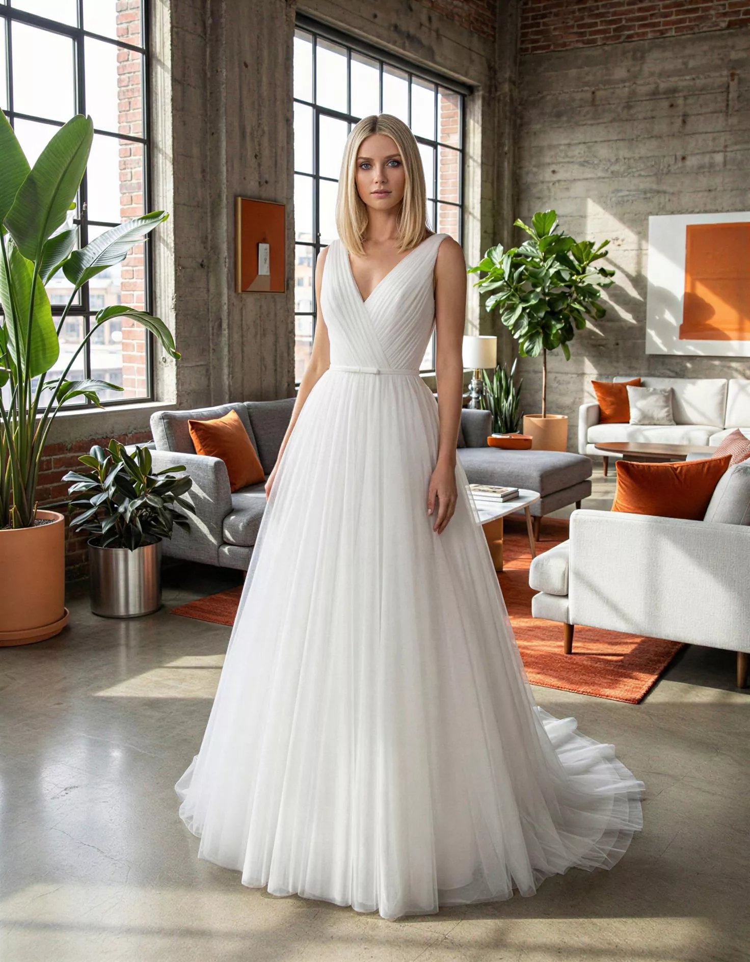 Vestido de Novia JOLANDA pose frontal espalda V corte A escote V cruzado Atelier Boheme