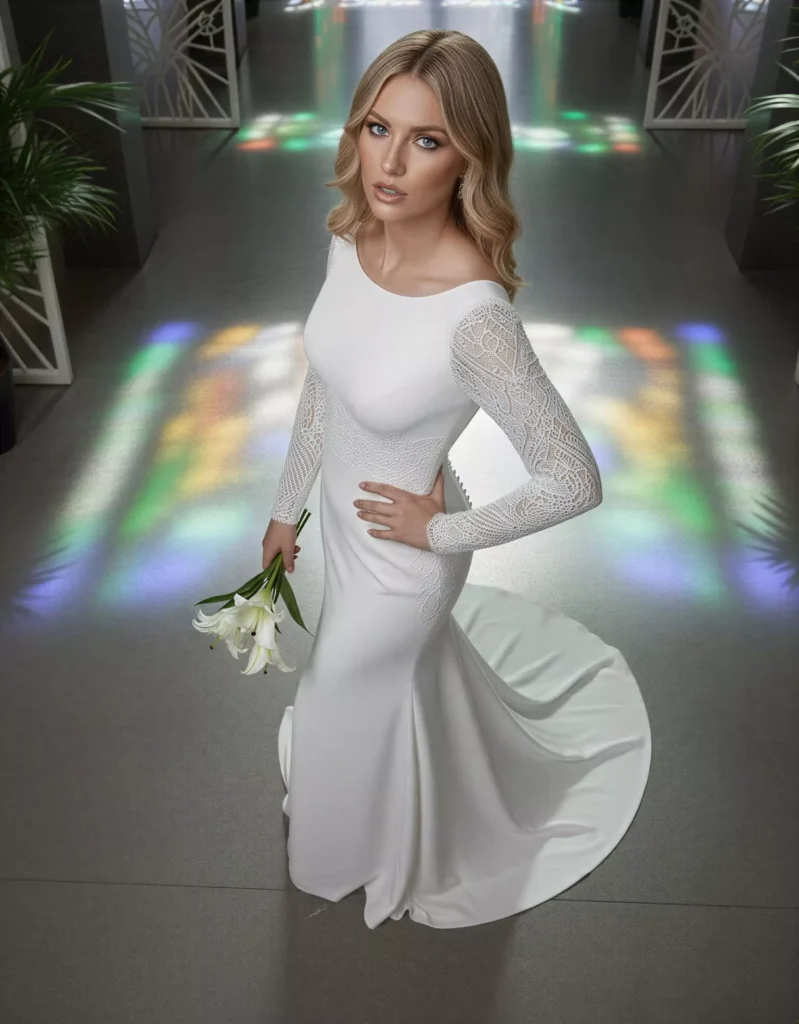 Vestido de Novia Jadeite pose frontal cenital escote barco espalda V corte sirena Atelier Boheme