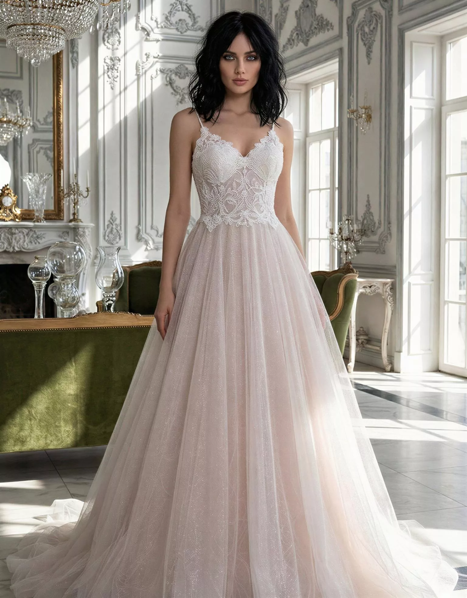 Vestido de Novia Jardinette pose frontal completa escote corazón sostenido espalda V corte A Atelier Essential