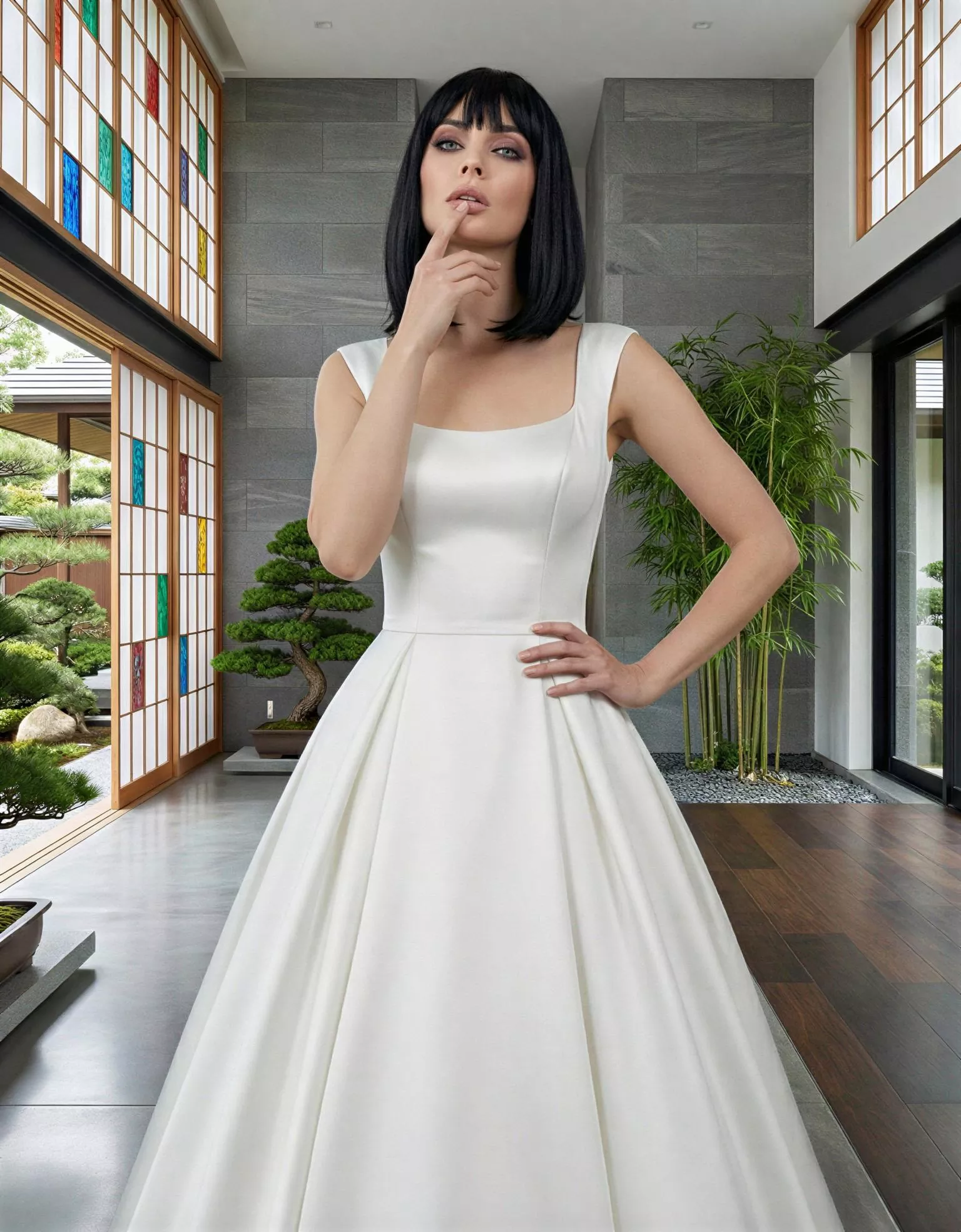 Vestido de Novia Jasmine pose frontal detalle escote barco espalda cuadrada encaje corte A Atelier Essential