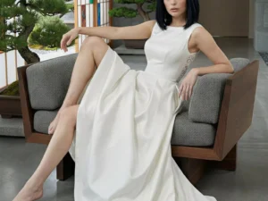 Vestido de Novia Jasmine pose frontal sofá escote barco espalda cuadrada encaje corte A Atelier Essential