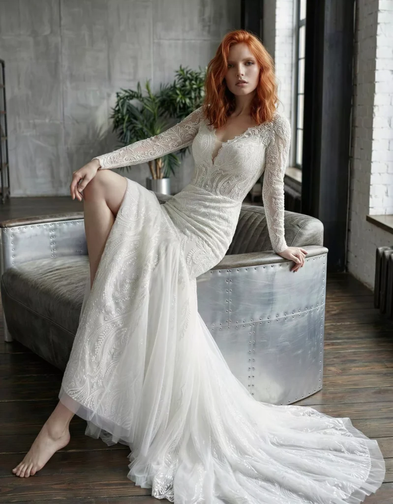 Vestido de Novia Jezelle pose frontal corte sirena mangas largas escote V Atelier Romance