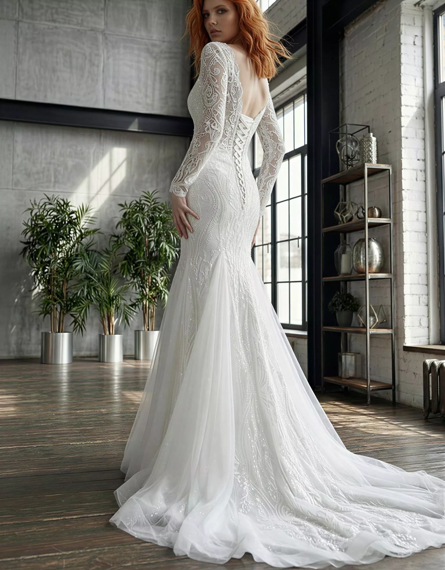 Vestido de Novia Jezelle pose frontal de pie corte sirena mangas largas escote V Atelier Romance