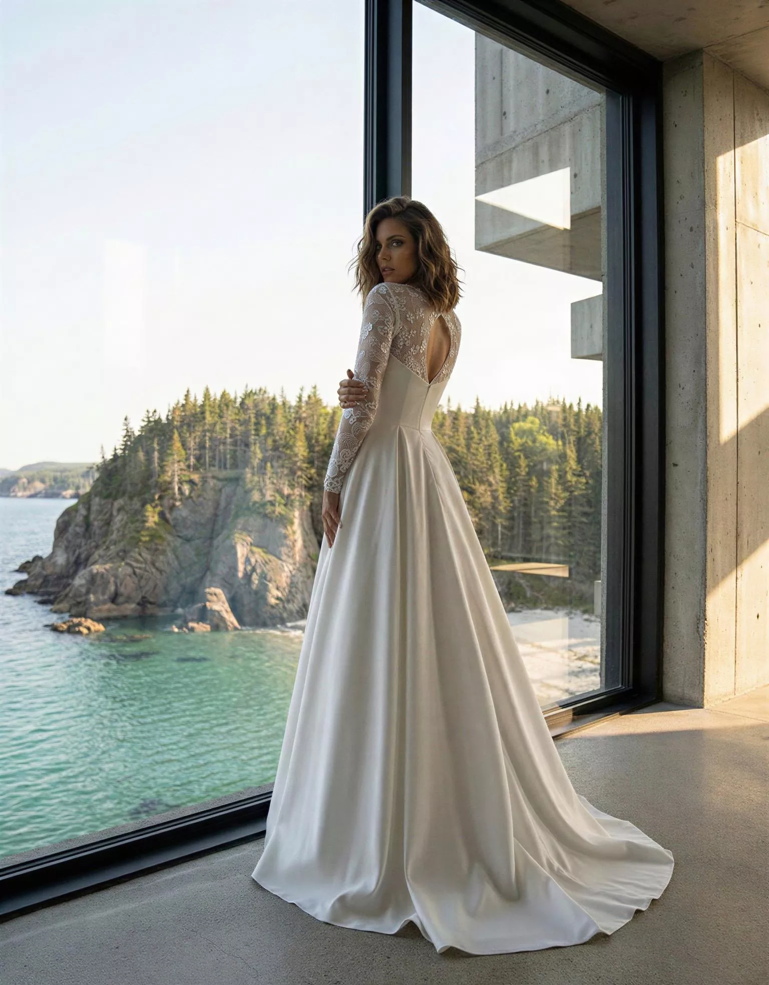 Vestido de Novia Jupiter pose espalda escote V picos encaje espalda semidescubierta corte A Atelier Boheme