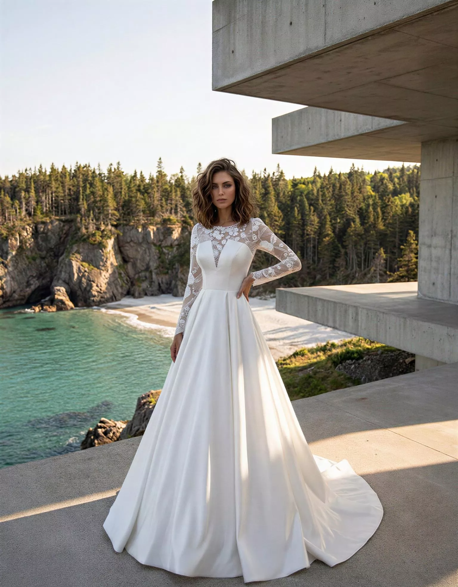 Vestido de Novia Jupiter pose frontal escote V picos encaje espalda semidescubierta corte A Atelier Boheme