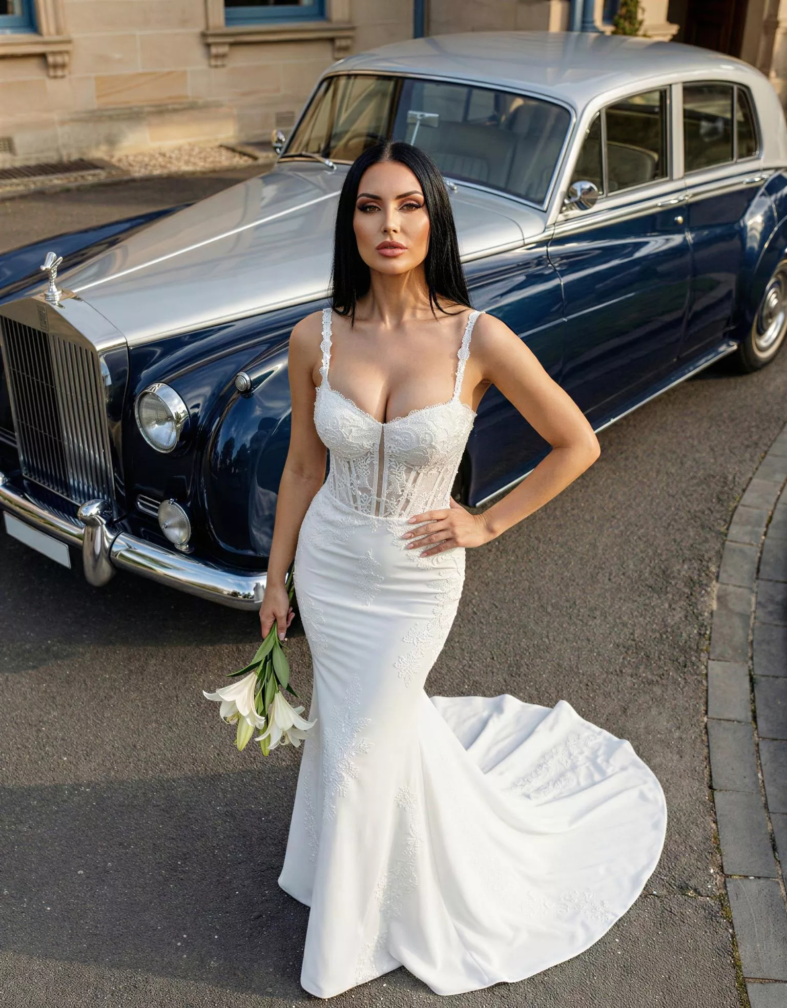 Vestido de novia Angelina pose cenital coche, escote corazón, espalda recta, corte sirena,encaje, crepé Atelier Boheme