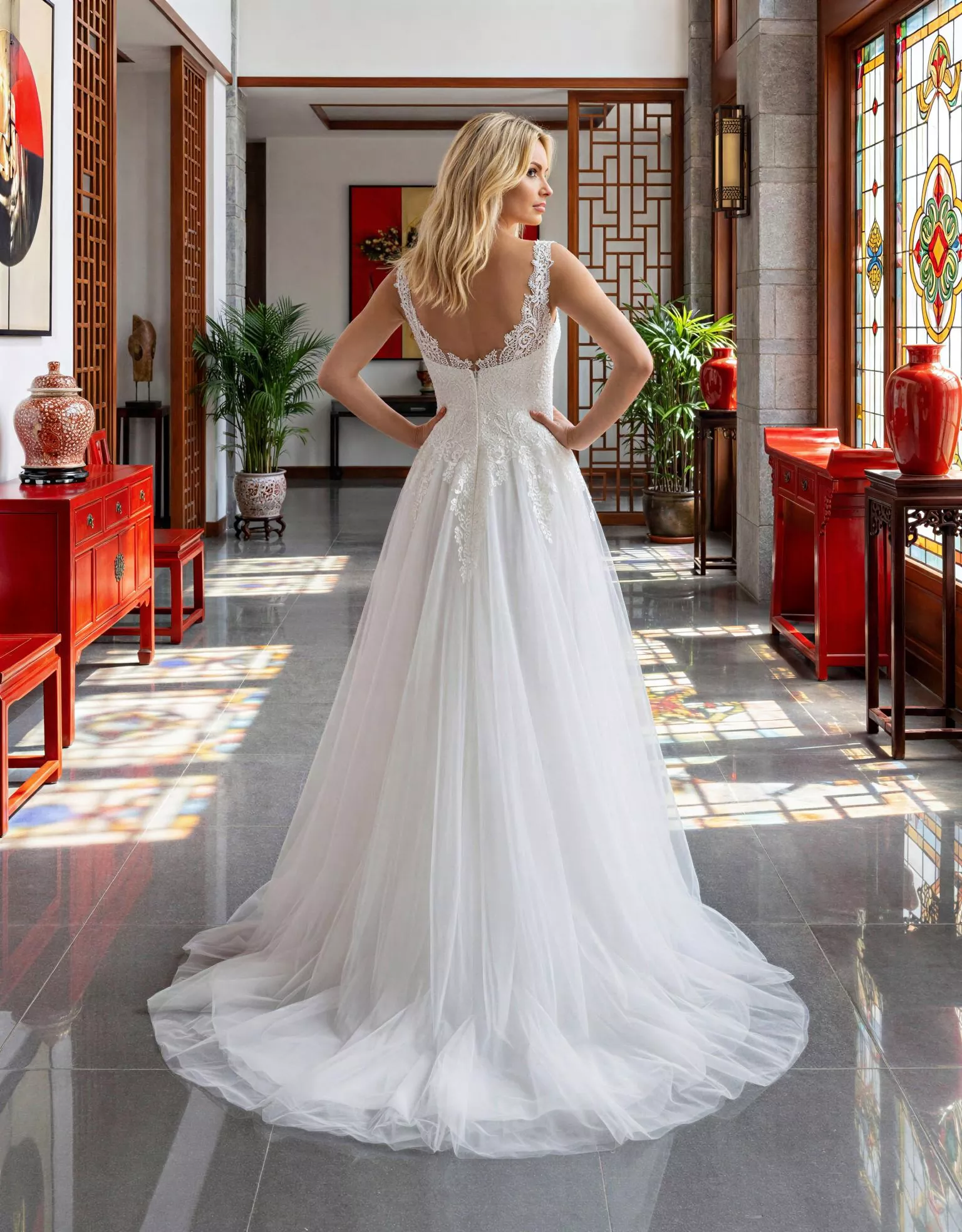 Vestido de novia Hart pose espalda general, escote V, espalda U ilusión, corte A,encaje, tul Atelier Boheme