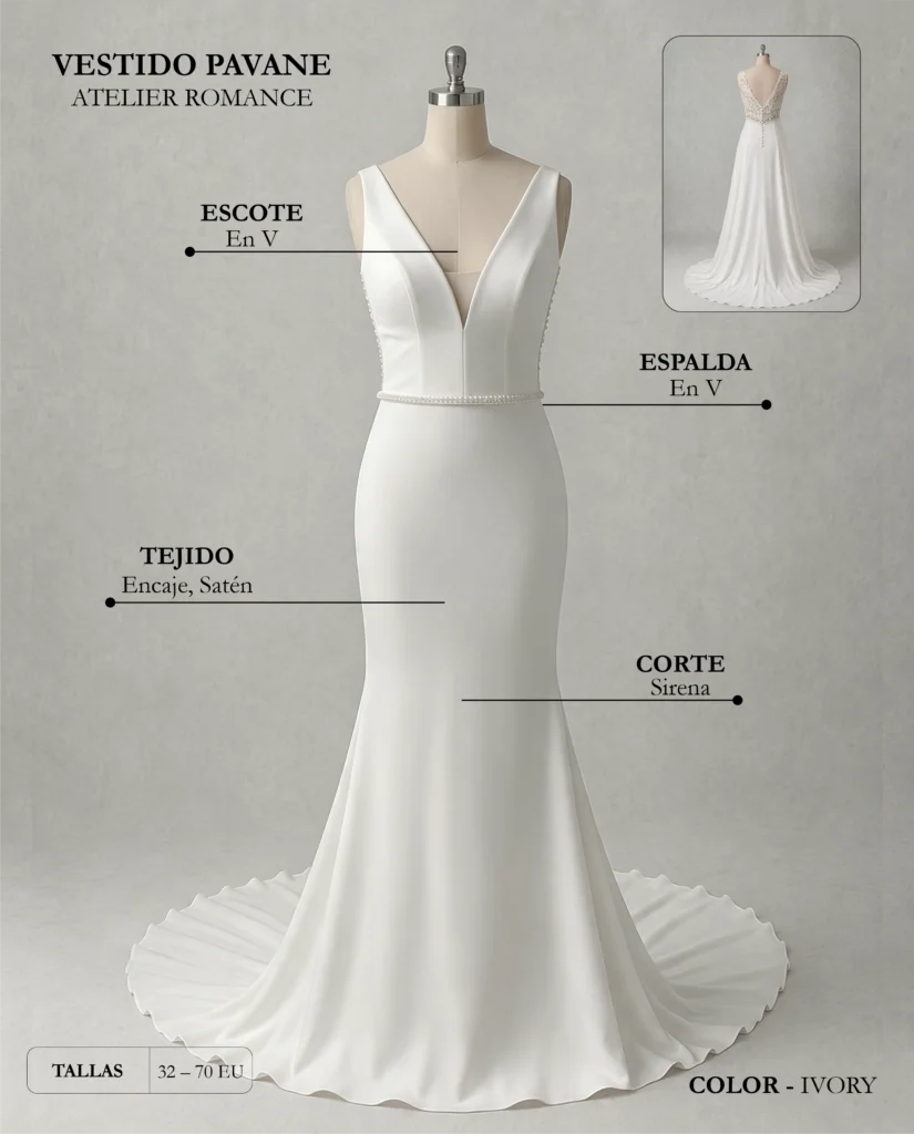 Vestido de novia Pavane ficha técnica, Romance