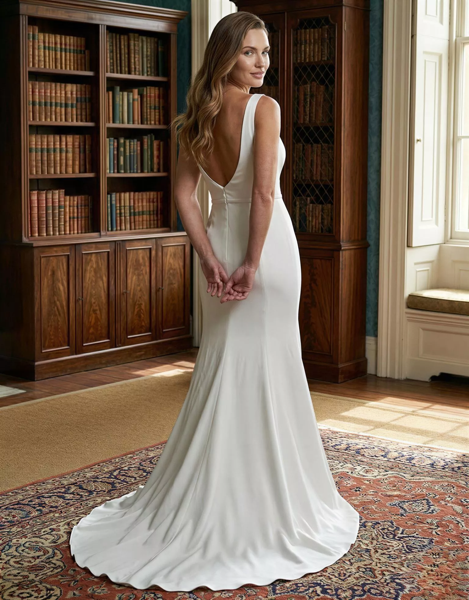 vestido-novia-hilla-atelierromance-satén-escotecerrado-espaldaenv-atelierdebodas