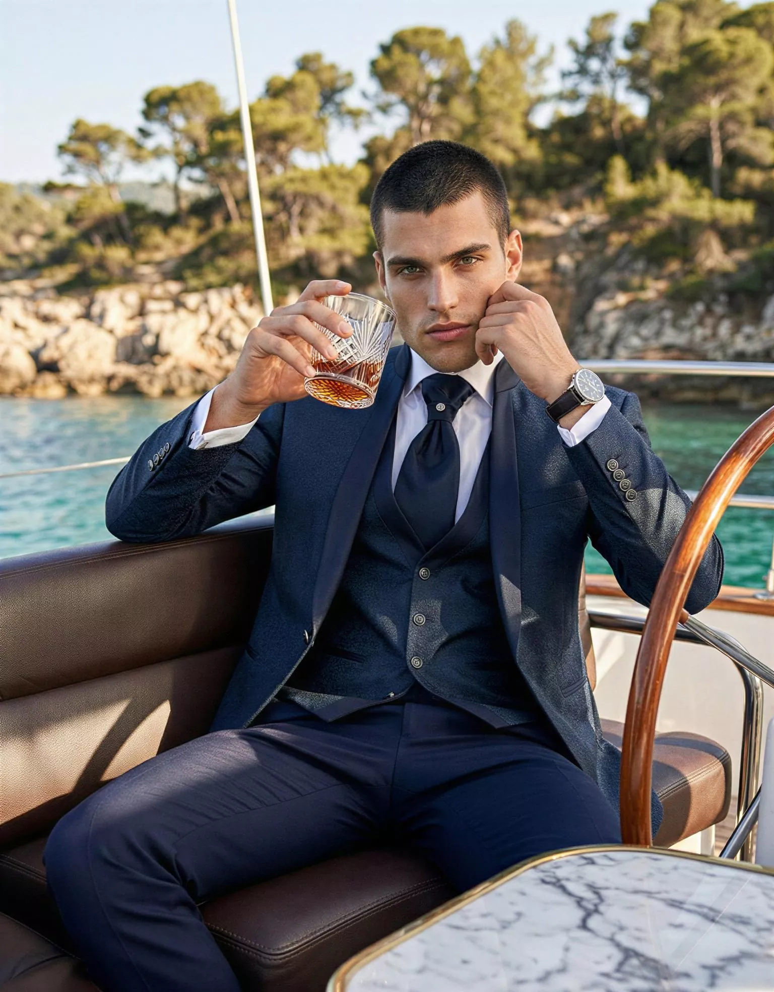 Traje de novio Alexandros, pose coctel, color azul zafiro, cuello mao, Atelier Masculini