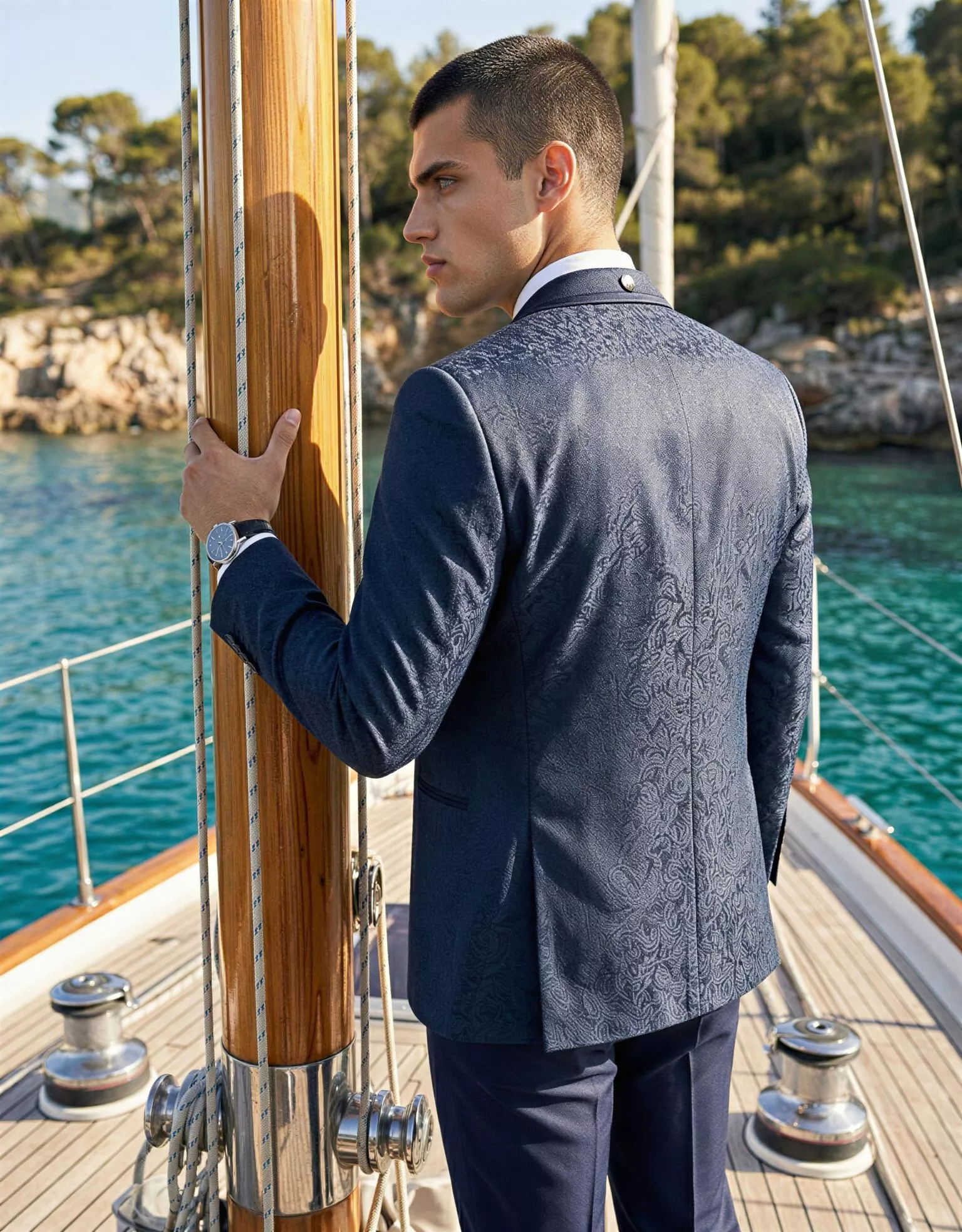 Traje de novio Alexandros, pose espaldas, color azul zafiro, cuello mao, Atelier Masculini