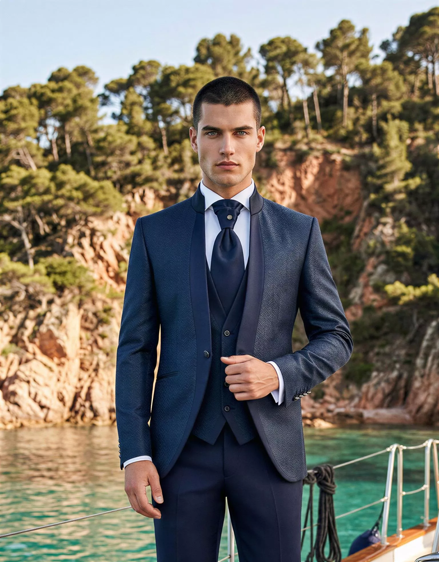 Traje de novio Alexandros, pose frontal detalle, color azul zafiro, cuello mao, Atelier Masculini
