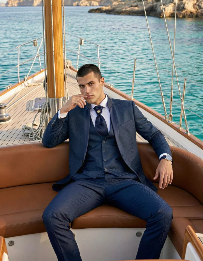 Traje de novio Alexandros, pose proa, color azul zafiro, cuello mao, Atelier Masculini