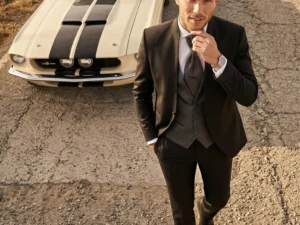 Traje de novio Athanasios, pose cenital, color negro, cuello mao, Atelier Masculini