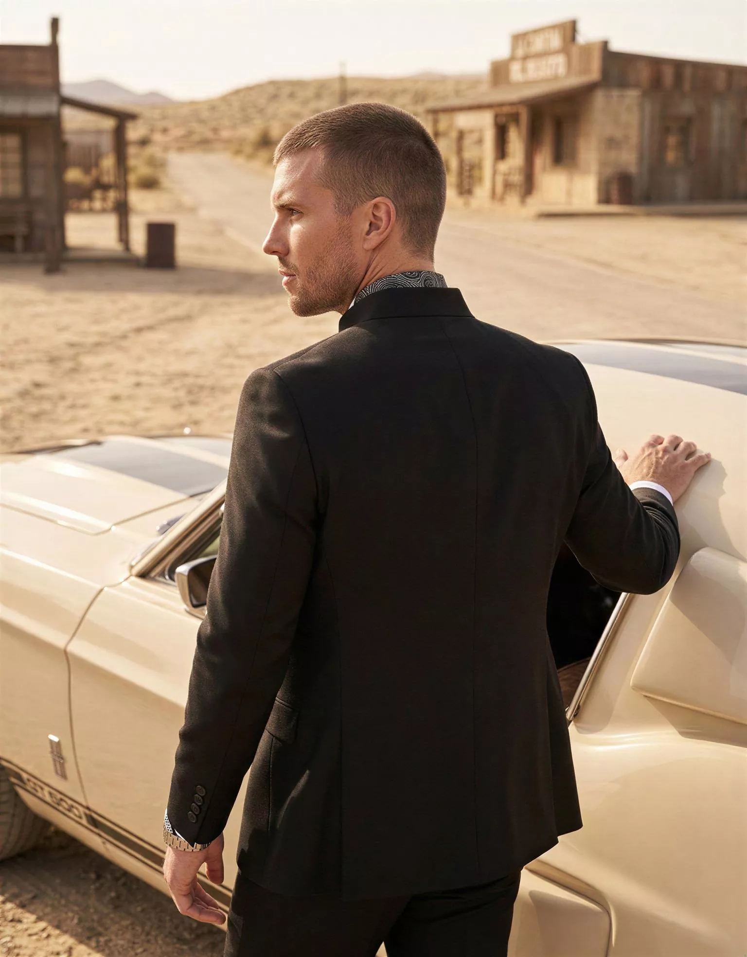 Traje de novio Athanasios, pose esplada, color negro, cuello mao, Atelier Masculini