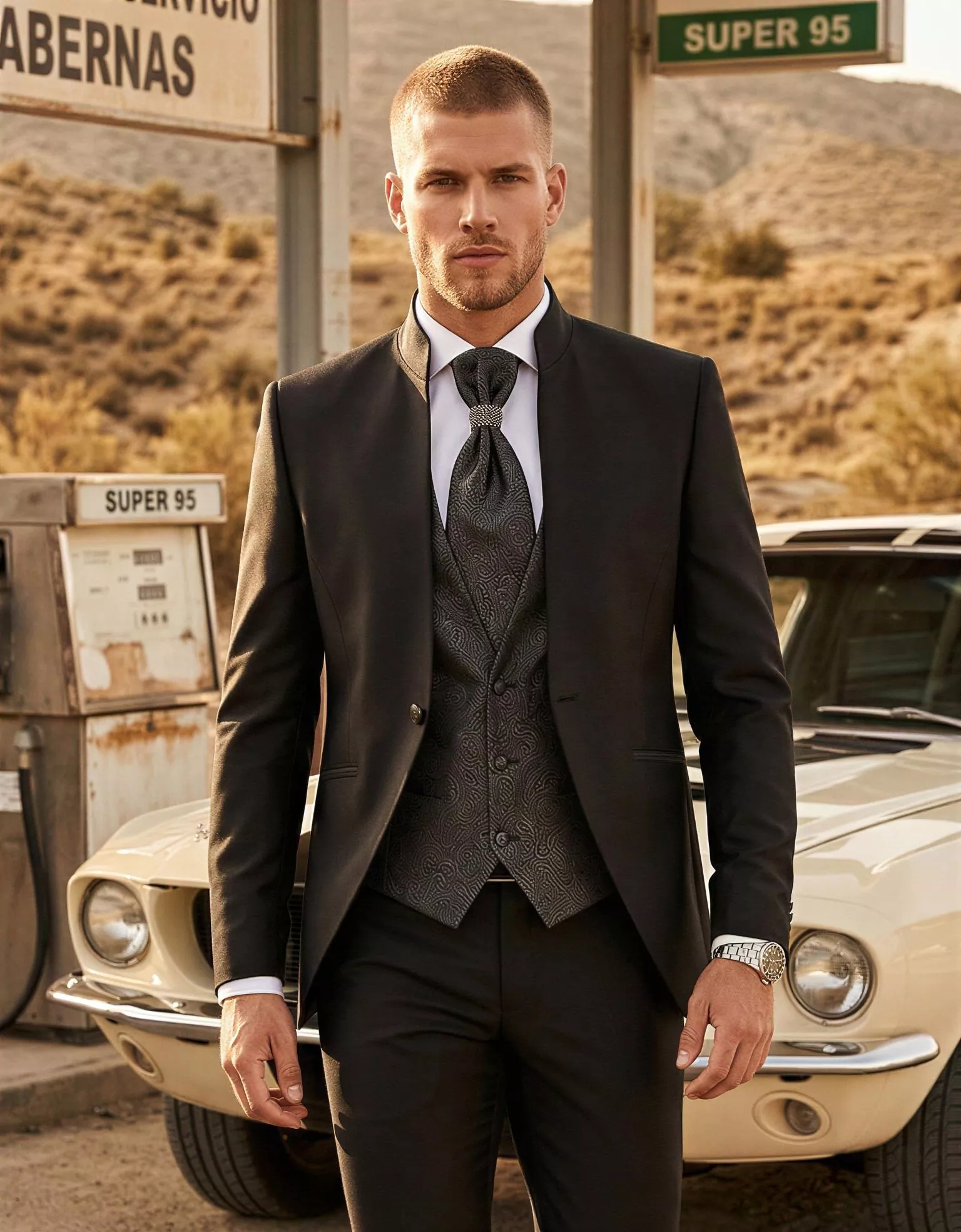 Traje de novio Athanasios, pose frontal detalle, color negro, cuello mao, Atelier Masculini