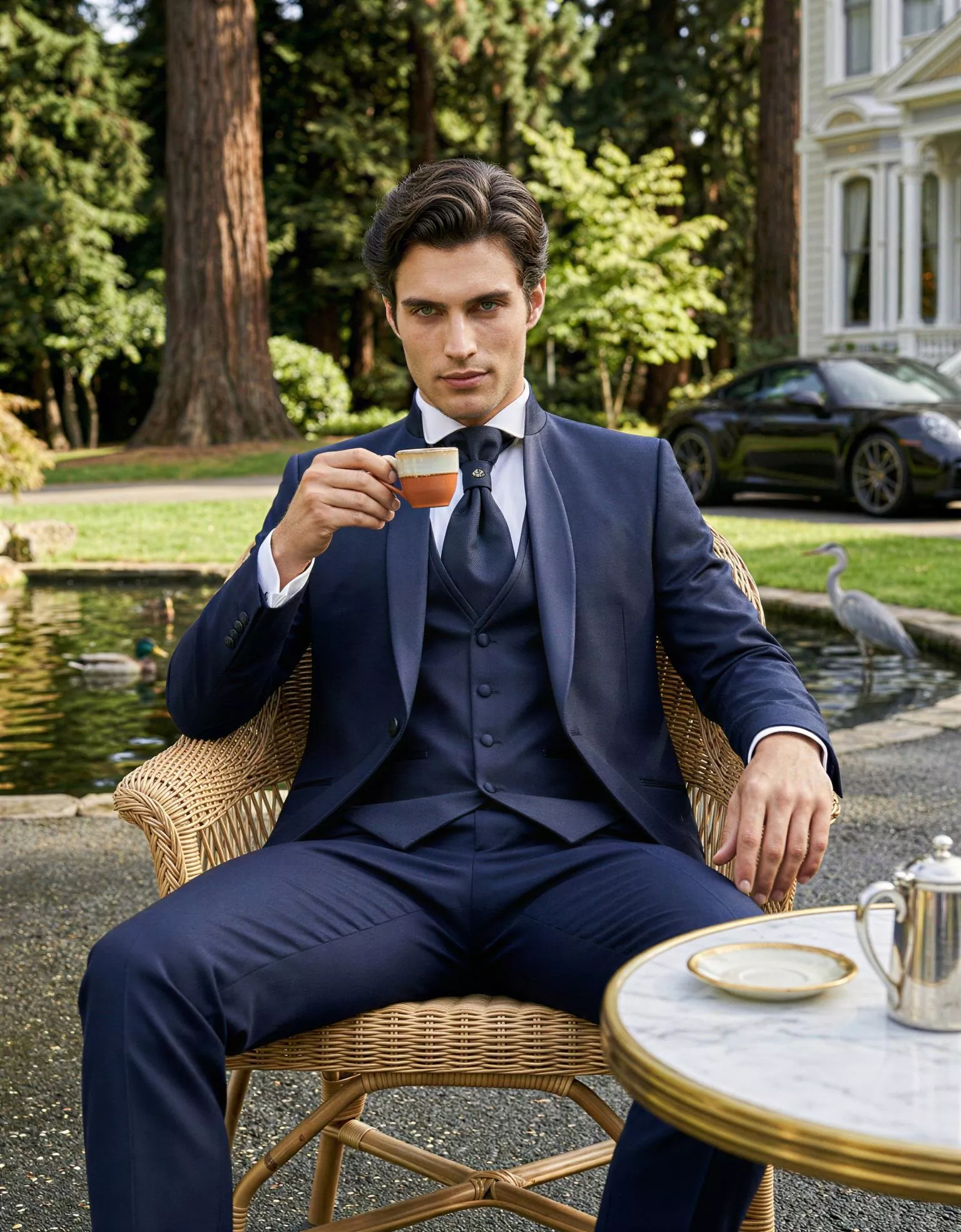 Traje de novio Atlas, pose frontal café, color azul noche, cuello mao, Atelier Masculini