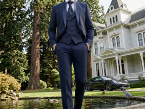 Traje de novio Atlas, pose frontal caminando, color azul noche, cuello mao, Atelier Masculini