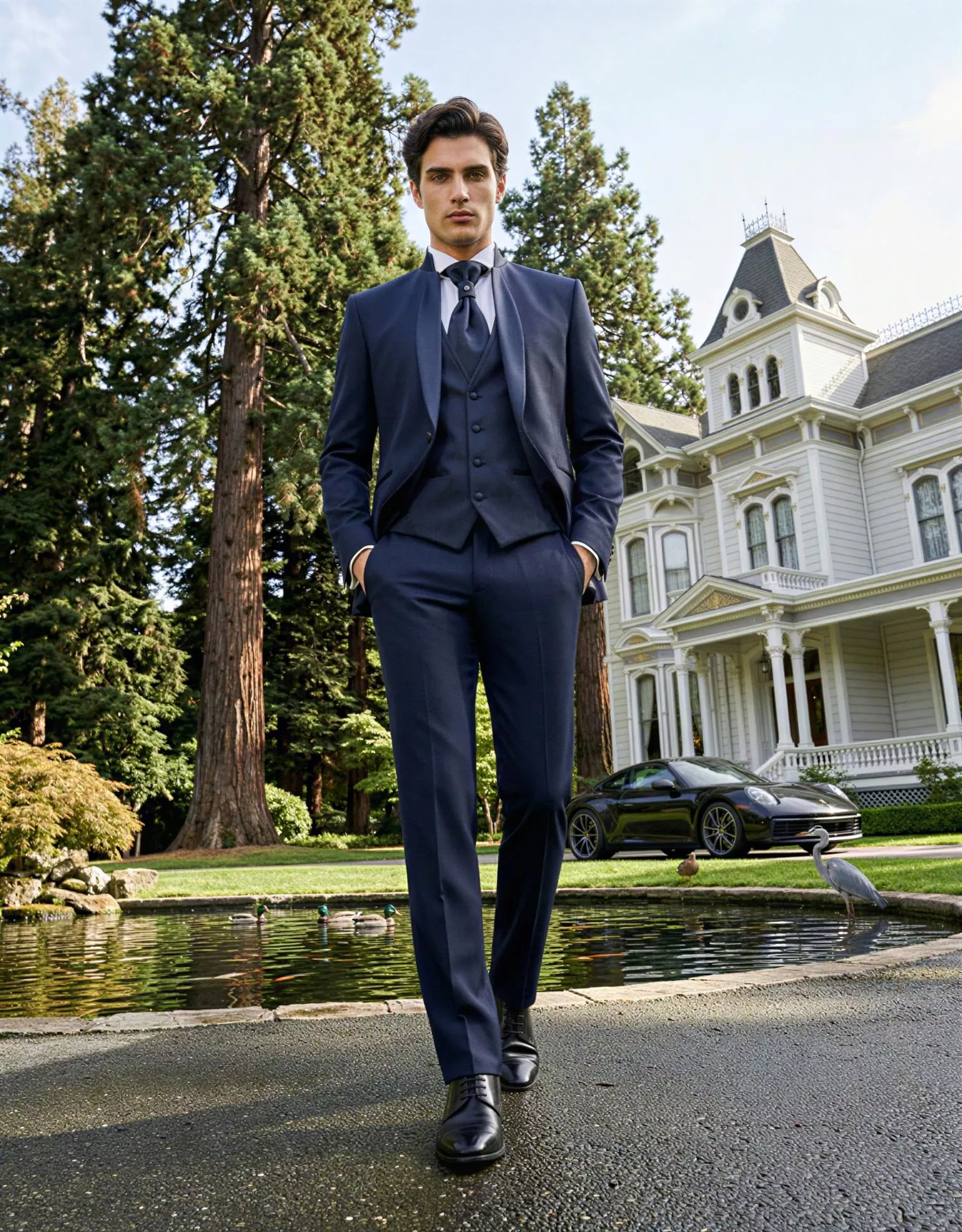 Traje de novio Atlas, pose frontal caminando, color azul noche, cuello mao, Atelier Masculini