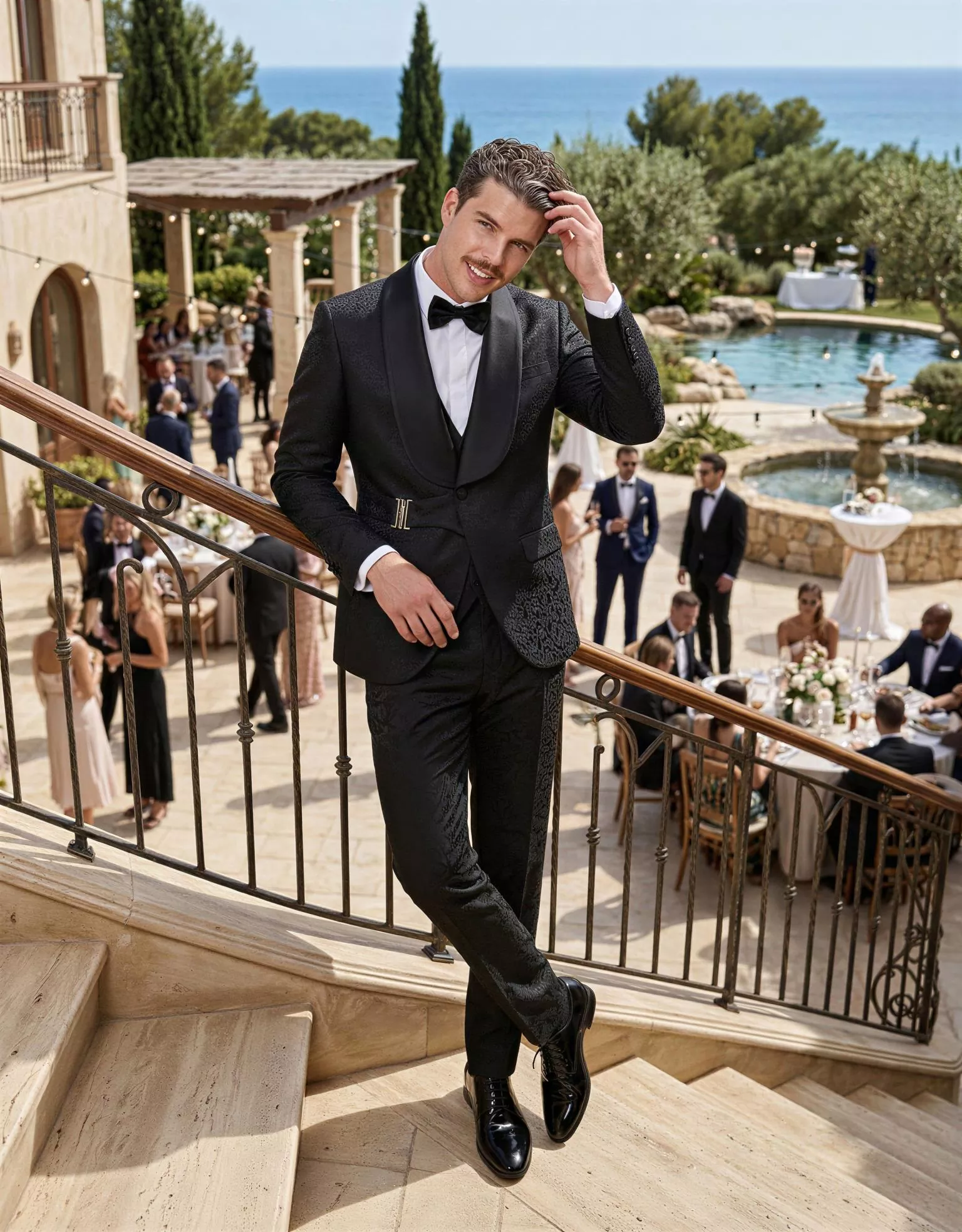 Traje de novio Auguste, pose escalera, color negro tela jacquard, Esmoquin de ceremonia, Atelier Masculini
