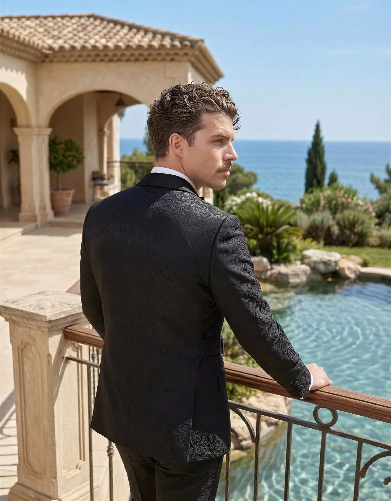 Traje de novio Auguste, pose espaldas, color negro tela jacquard, Esmoquin de ceremonia, Atelier Masculini