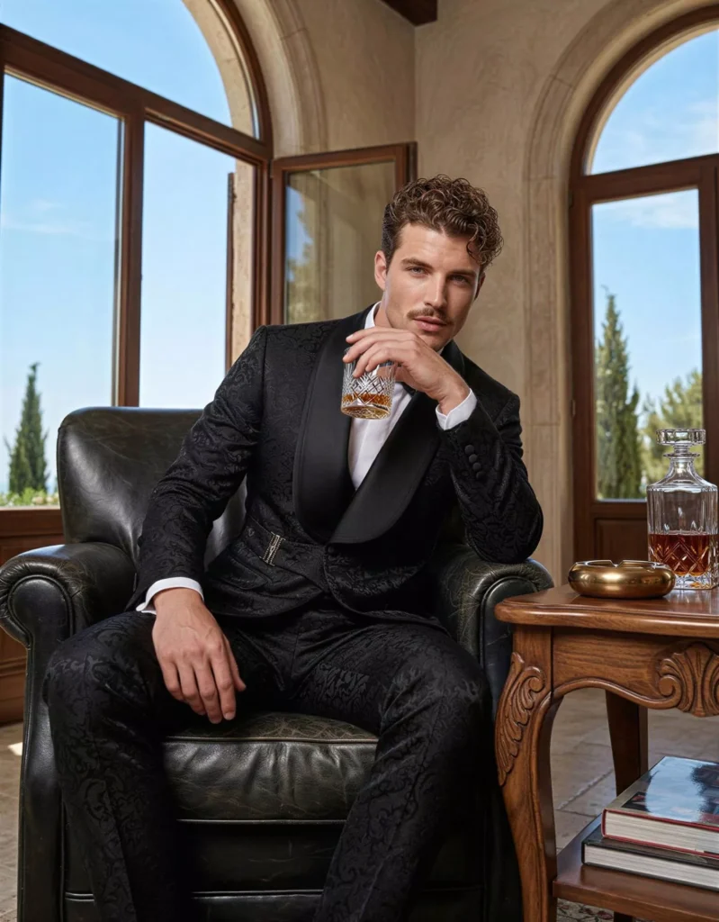 Traje de novio Auguste, pose sentado, color negro tela jacquard, Esmoquin de ceremonia, Atelier Masculini