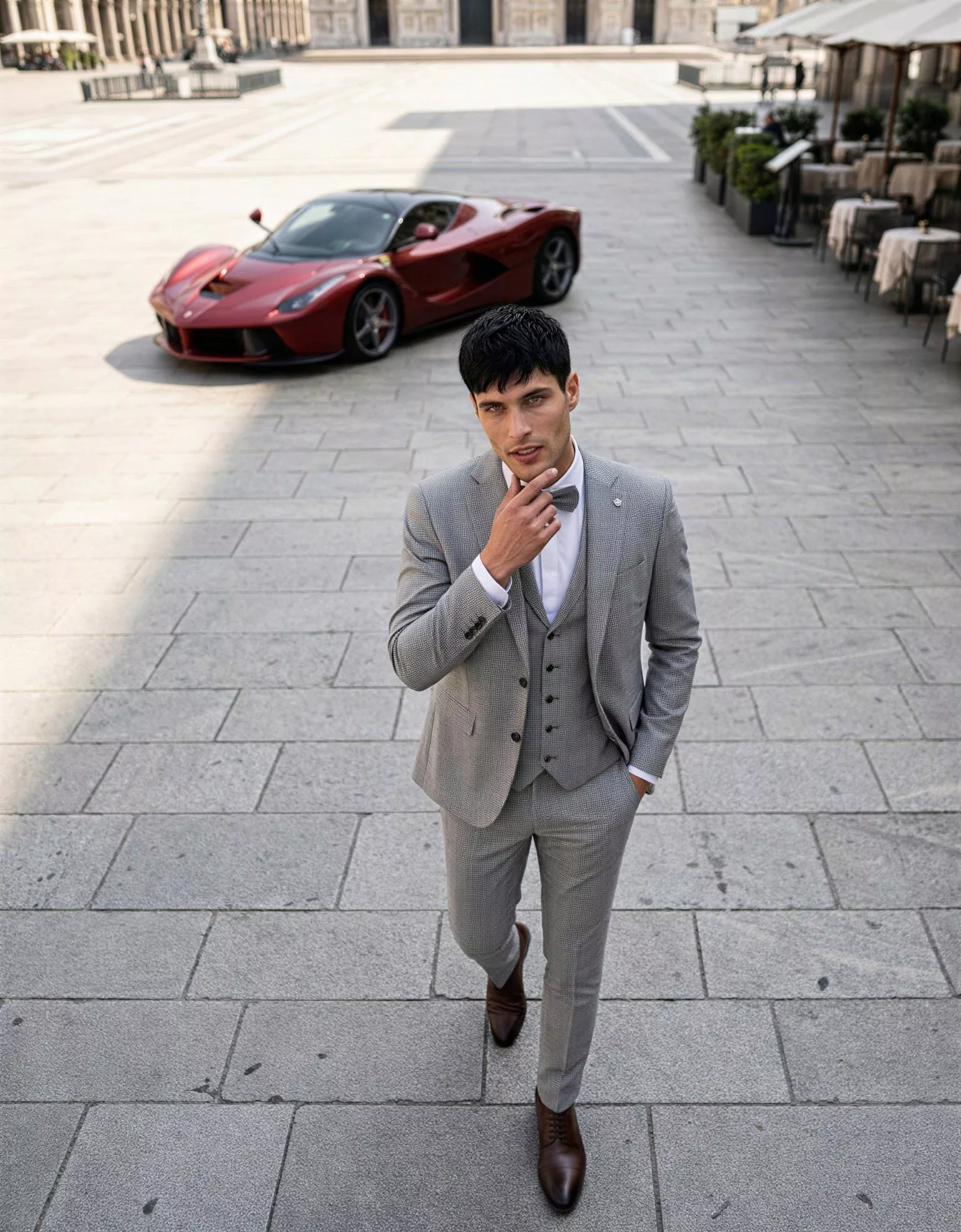 Traje de novio Bora, pose cenital, color gris, clásico, Atelier Masculini