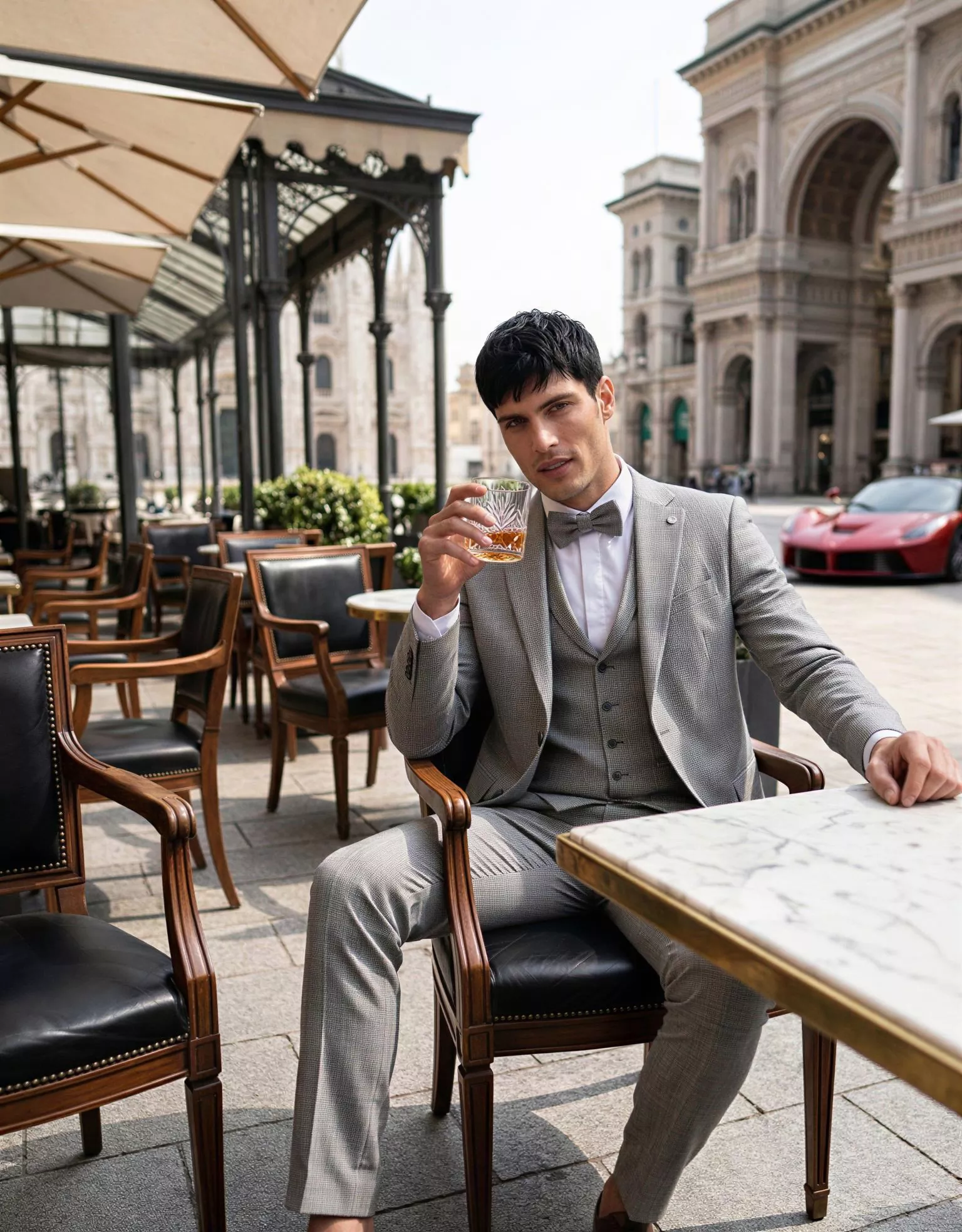 Traje de novio Bora, pose coctel, color gris, clásico, Atelier Masculini