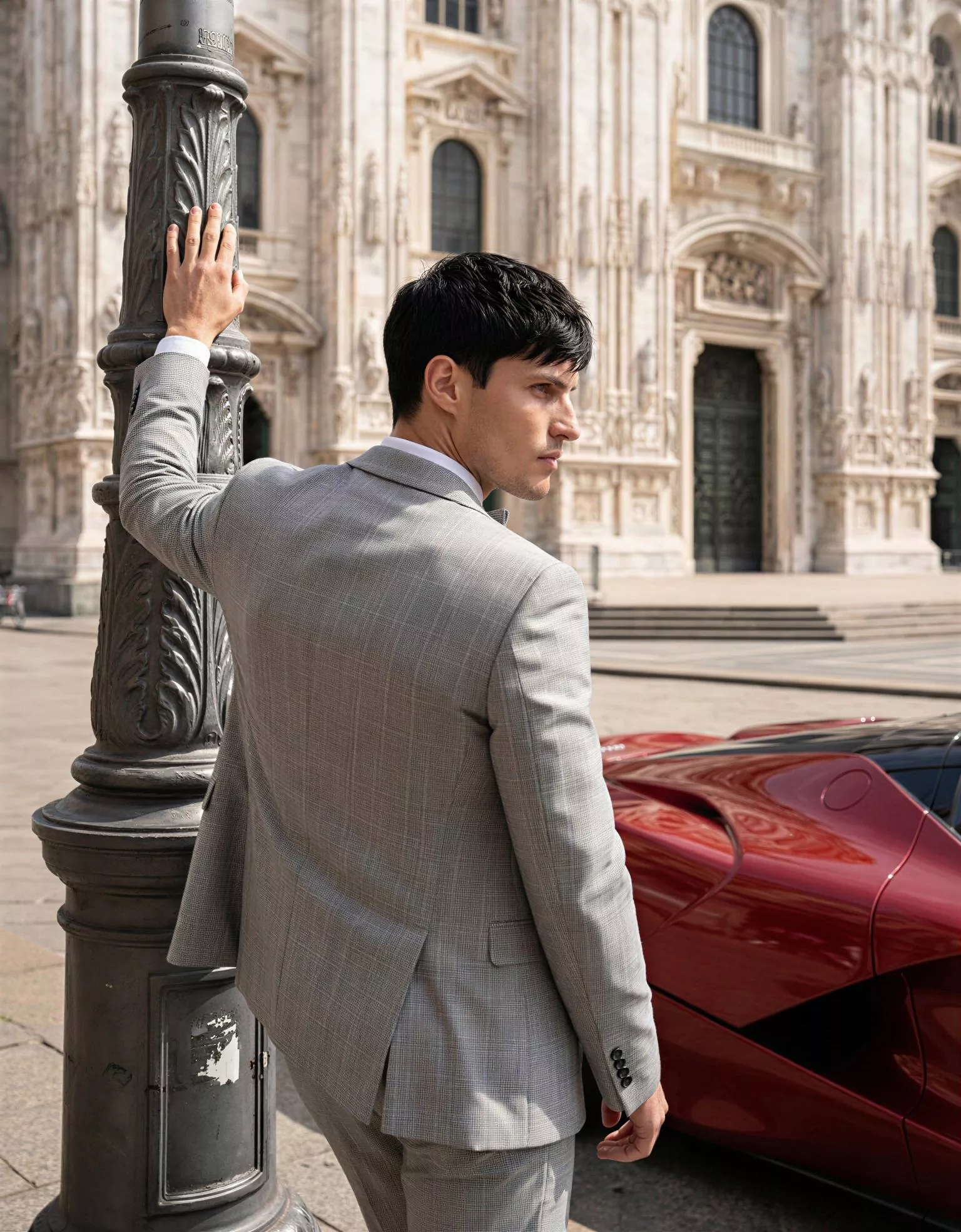 Traje de novio Bora, pose espalda detalle, color gris, clásico, Atelier Masculini