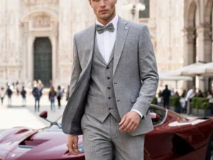 Traje de novio Bora, pose frontal detalle, color gris, clásico, Atelier Masculini