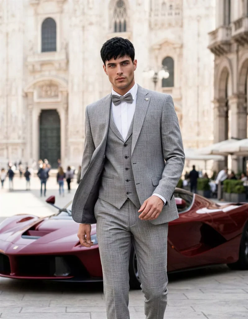 Traje de novio Bora, pose frontal detalle, color gris, clásico, Atelier Masculini