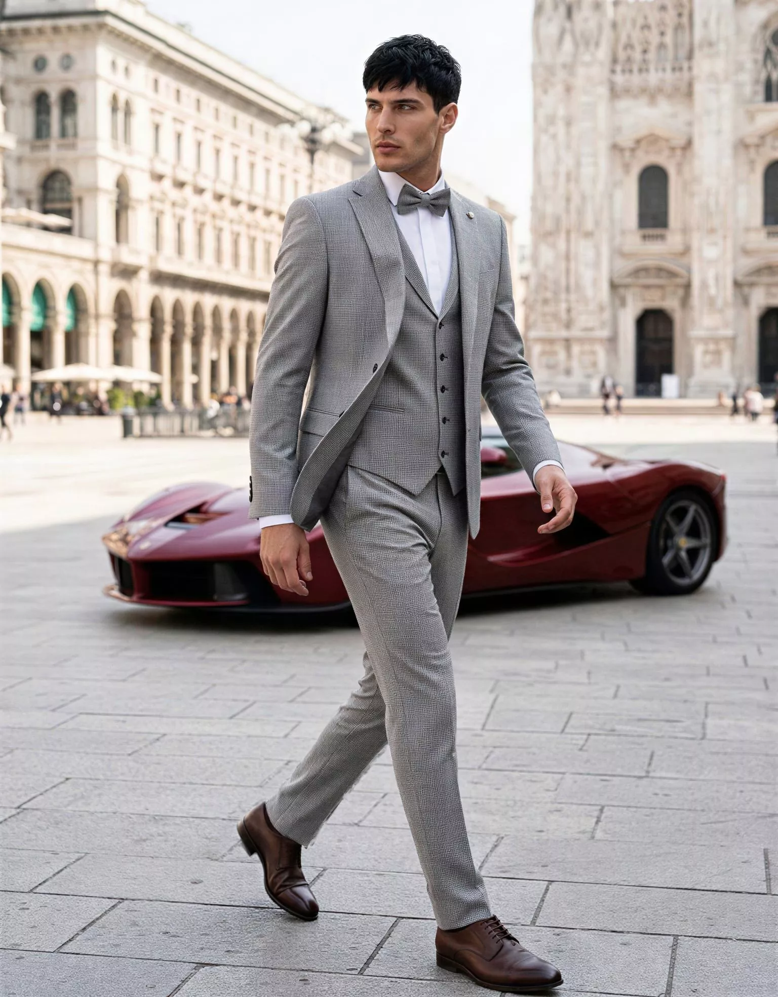 Traje de novio Bora, pose lateral, color gris, clásico, Atelier Masculini