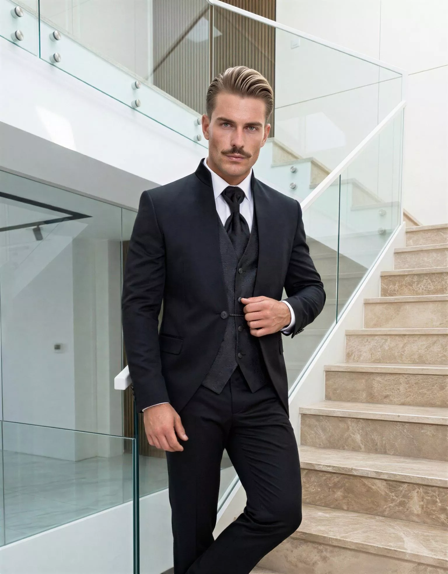 Traje de novio Clement, pose frontal, color negro, cuello mao de ceremonia, Atelier Masculini