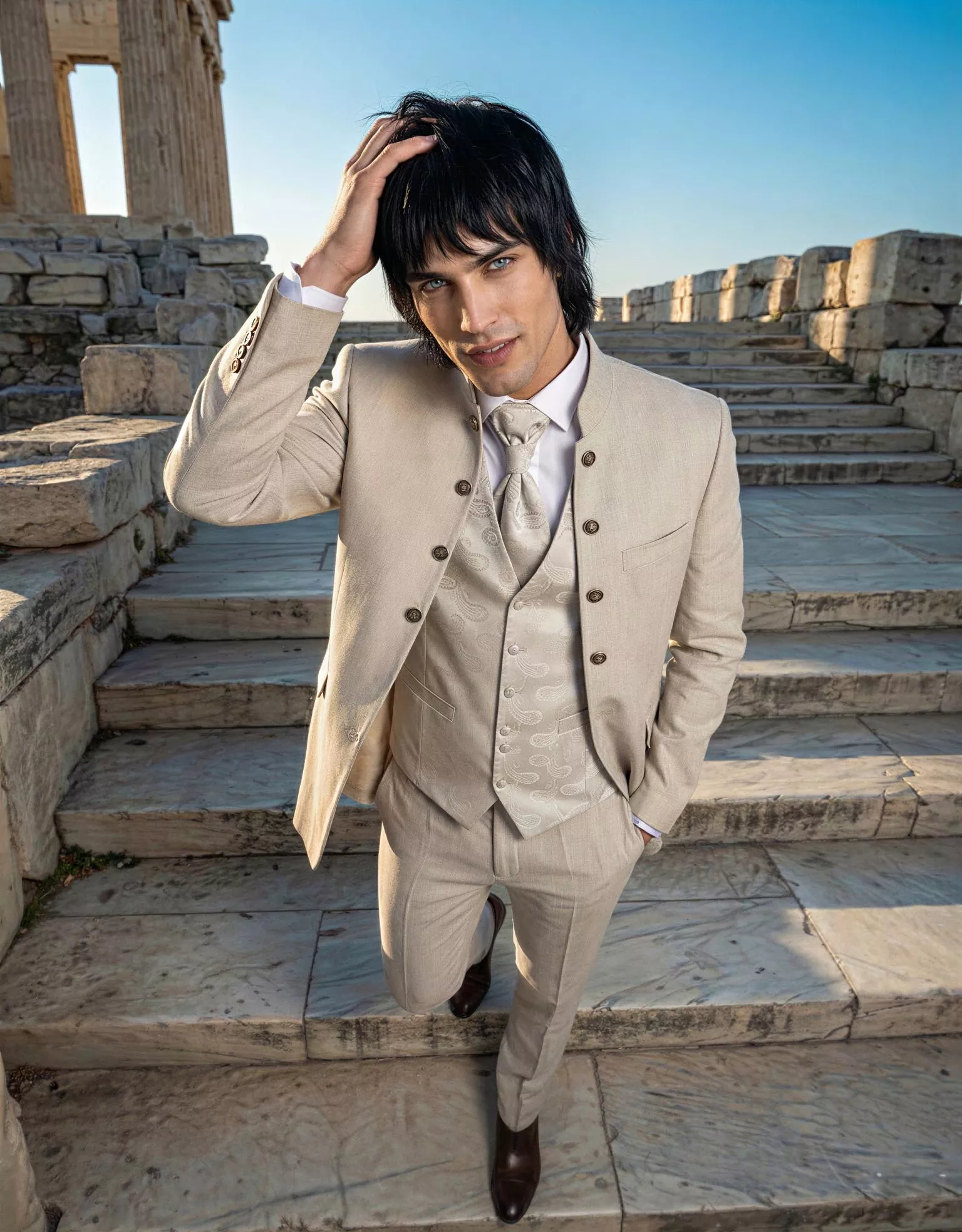 Traje de novio Daiki, pose cenital, color beige claro ,cuello mao, Atelier Masculini