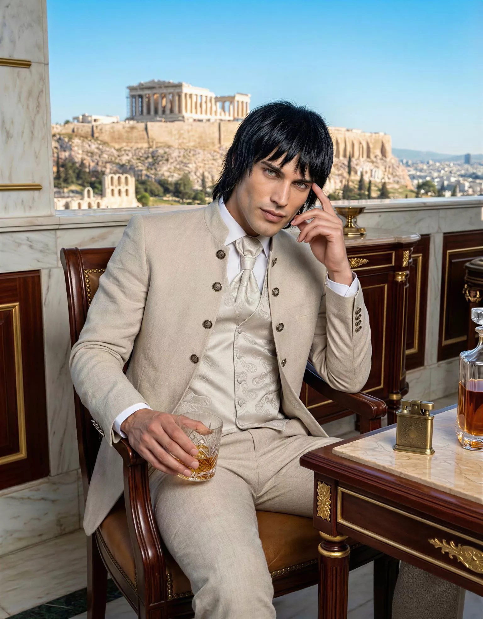 Traje de novio Daiki, pose coctel, color beige claro ,cuello mao, Atelier Masculini