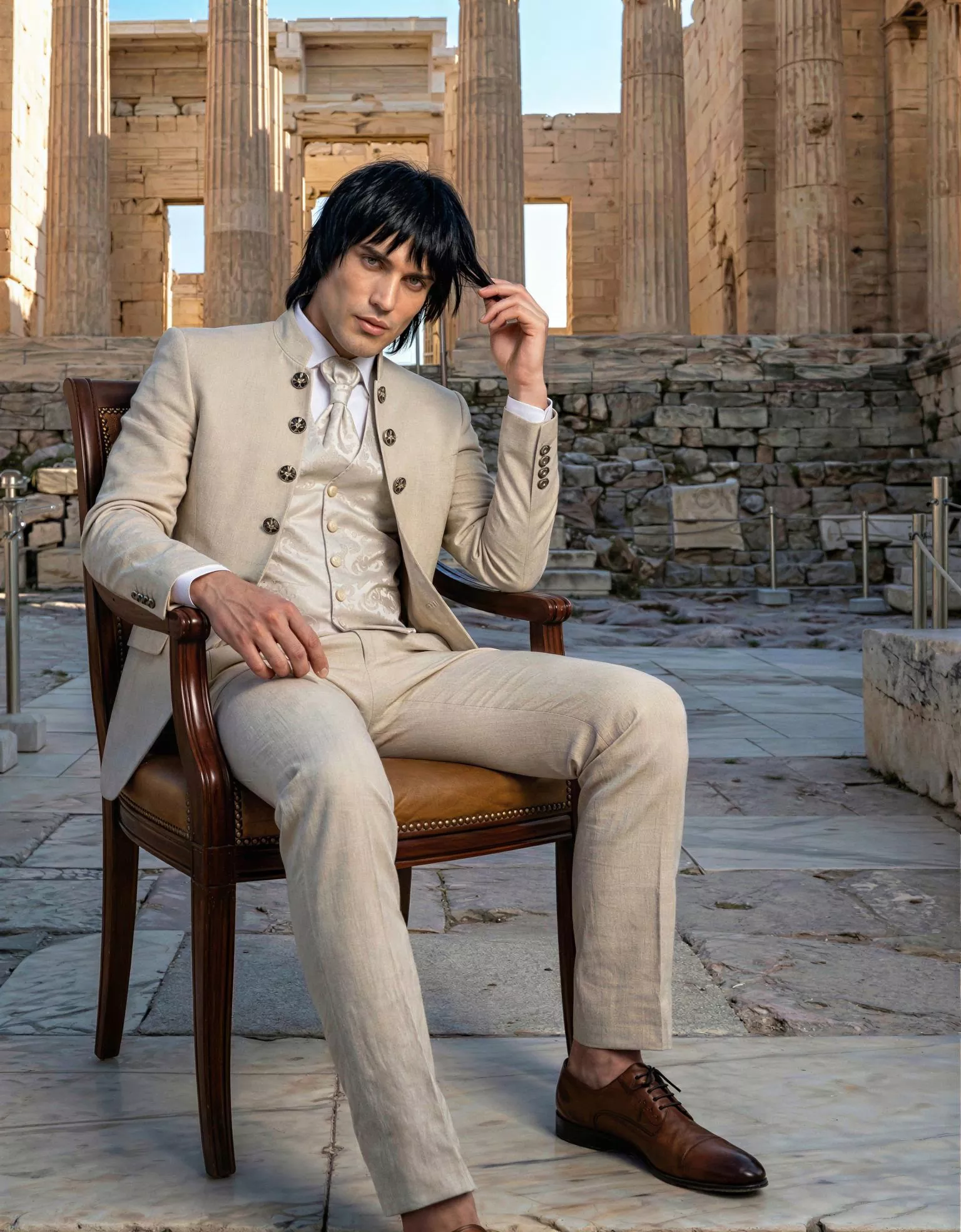 Traje de novio Daiki, pose escalera, color beige claro ,cuello mao, Atelier Masculini