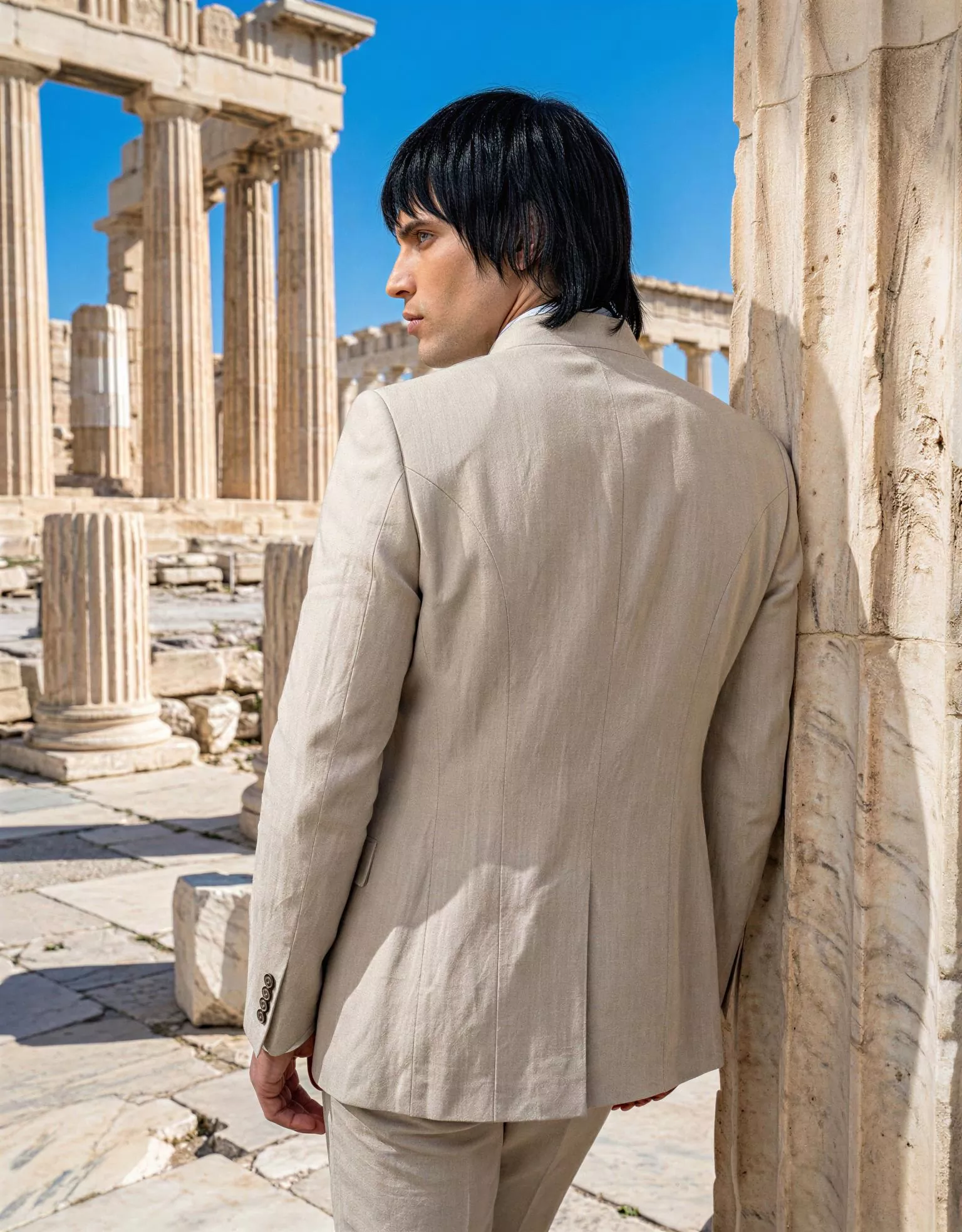 Traje de novio Daiki, pose espaldas, color beige claro ,cuello mao, Atelier Masculini