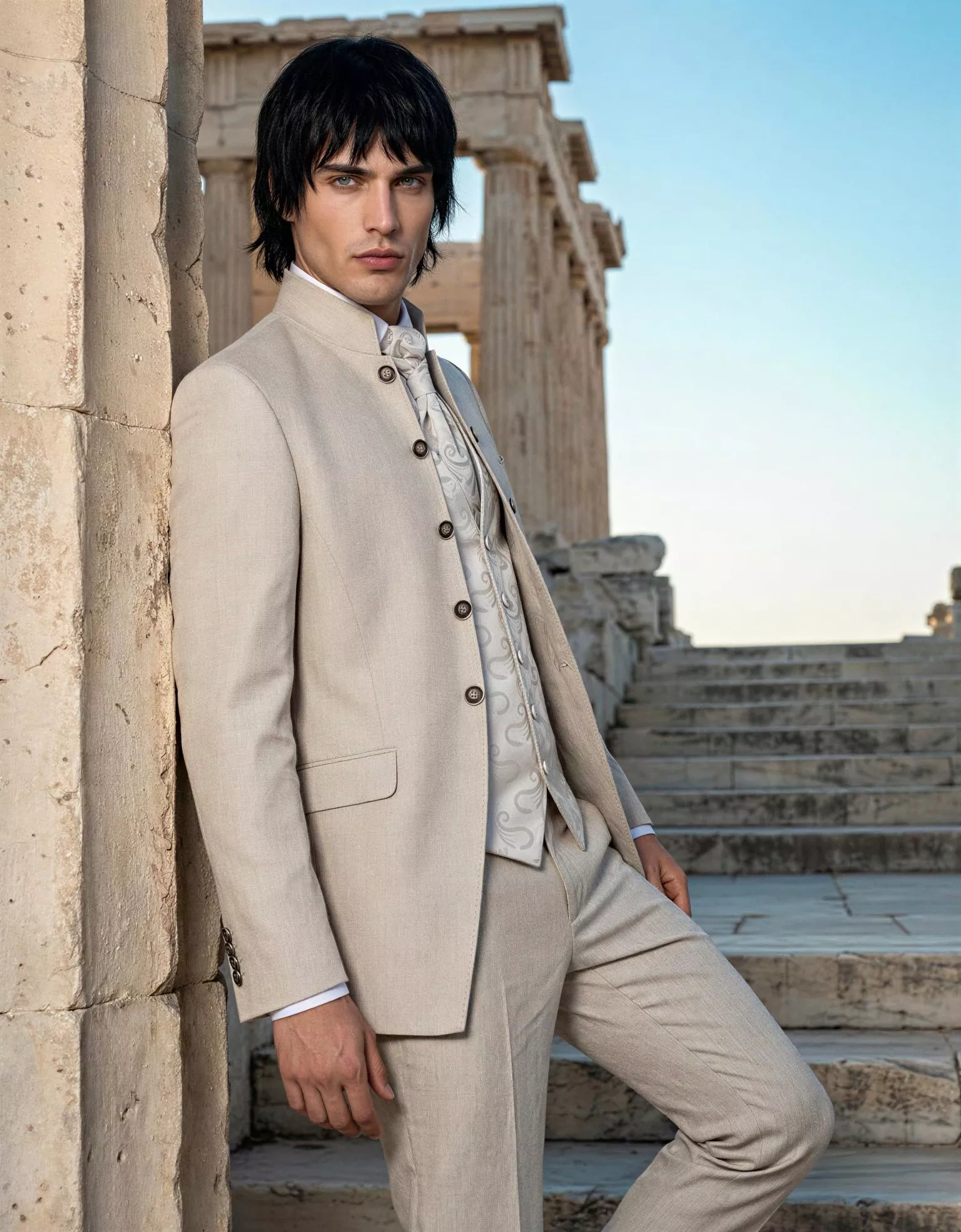 Traje de novio Daiki, pose lateral, color beige claro ,cuello mao, Atelier Masculini