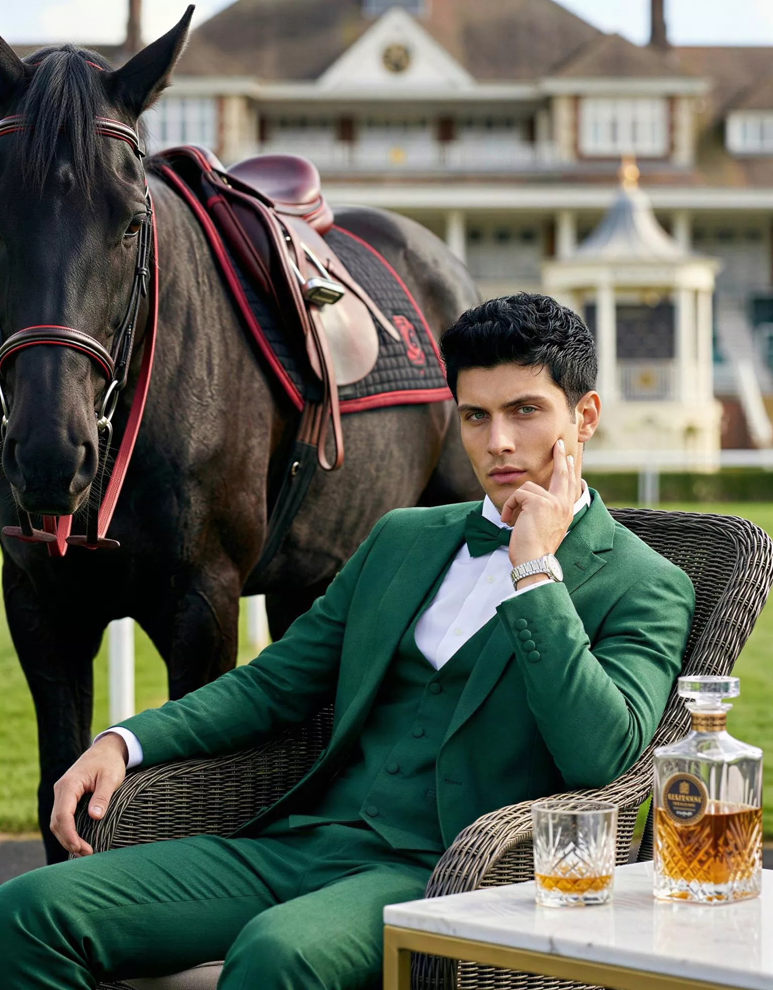 Traje de novio Dionisio, pose frontal caballo, color verde ,traje clásico, Atelier Masculini