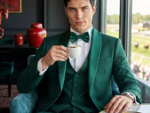 Traje de novio Dionisio, pose frontal café, color verde ,traje clásico, Atelier Masculini