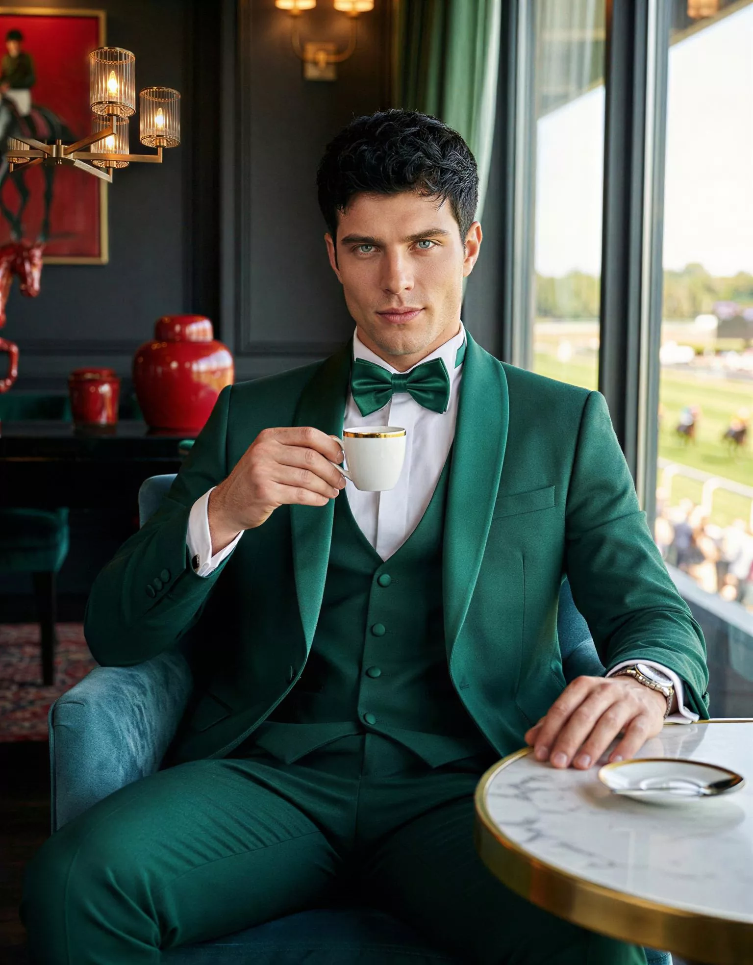 Traje de novio Dionisio, pose frontal café, color verde ,traje clásico, Atelier Masculini