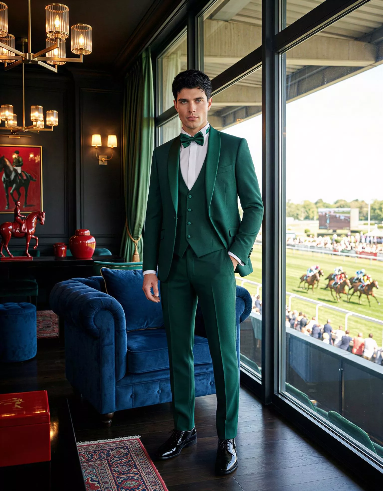 Traje de novio Dionisio, pose frontal podio, color verde ,traje clásico, Atelier Masculini