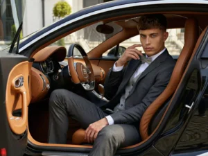 Traje de novio Dorian, pose coche, color gris, clásico, Atelier Masculini