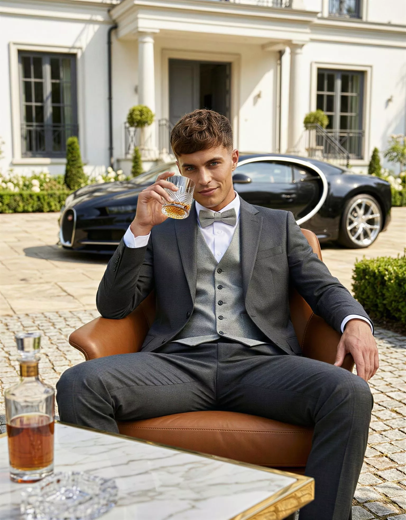 Traje de novio Dorian, pose sentado, color gris, clásico, Atelier Masculini