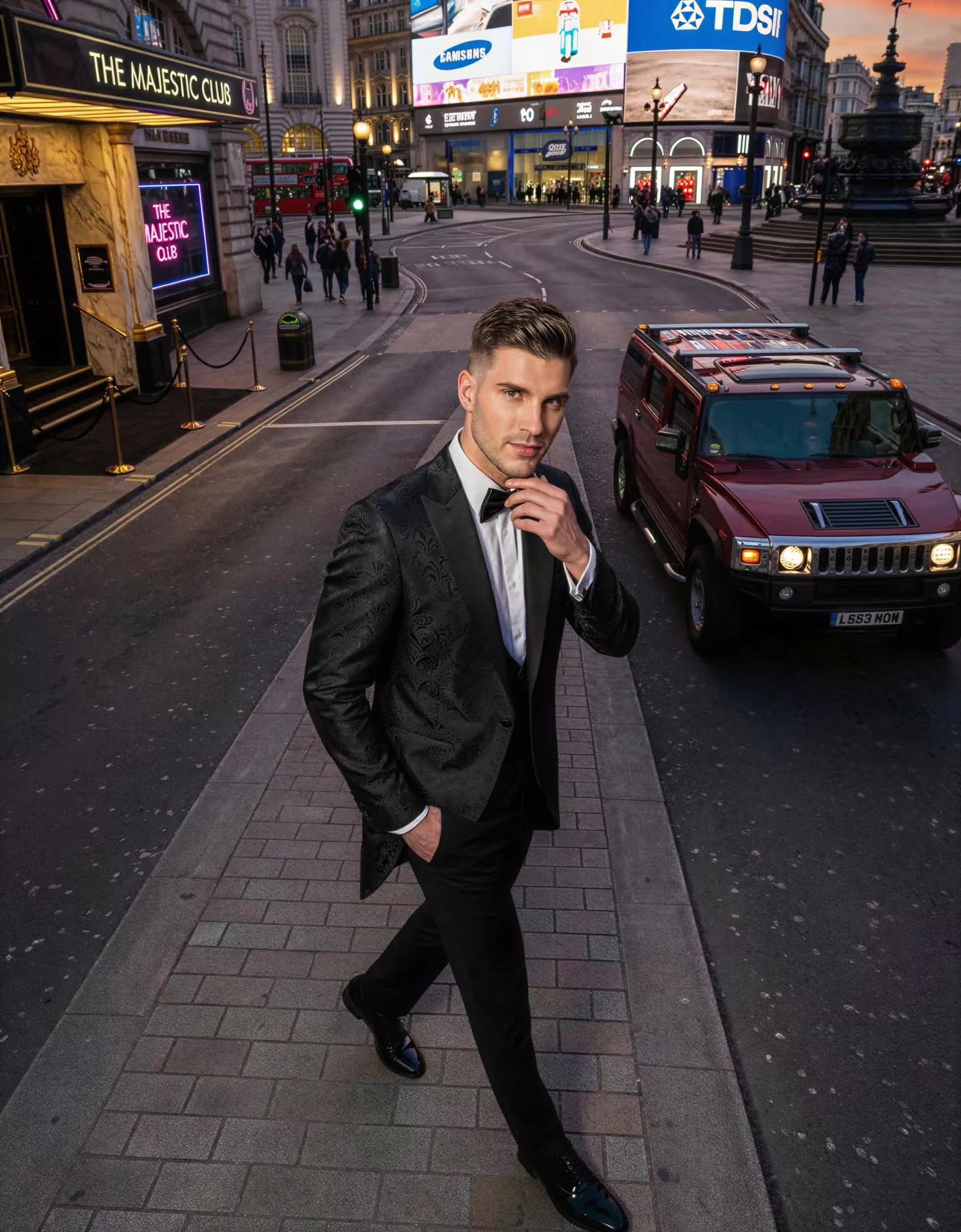 Traje de novio Ebisu, pose cenital, color negro, jacquard ,chaqué de ceremonia, Atelier Masculini