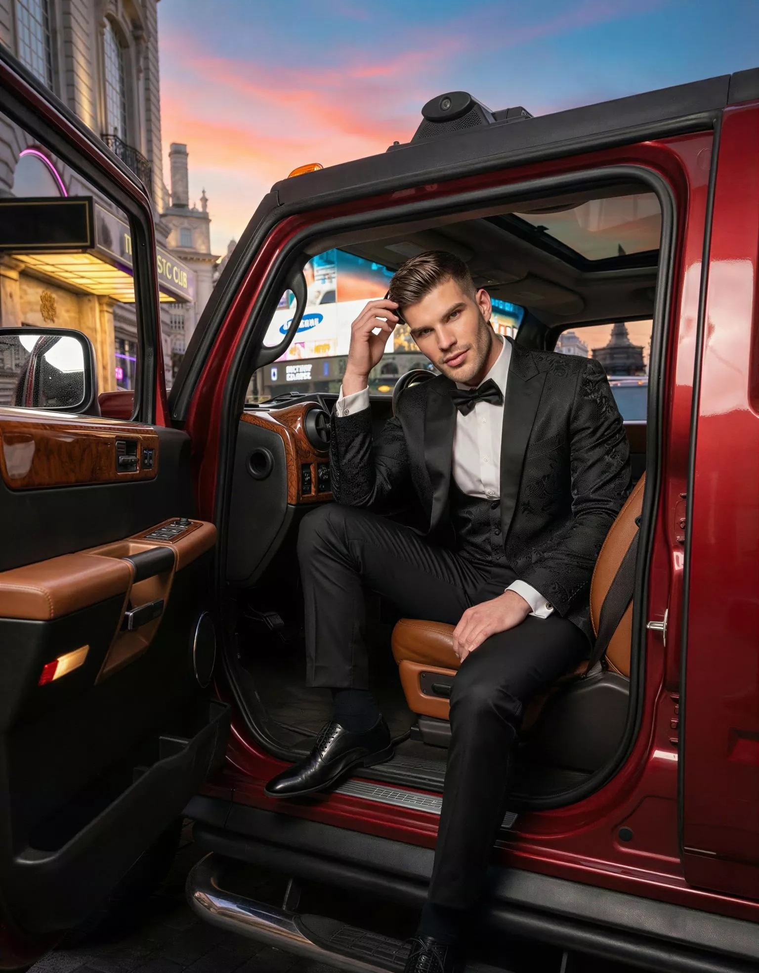 Traje de novio Ebisu, pose coche, color negro, jacquard ,chaqué de ceremonia, Atelier Masculini