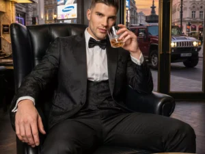 Traje de novio Ebisu, pose coctel, color negro, jacquard ,chaqué de ceremonia, Atelier Masculini