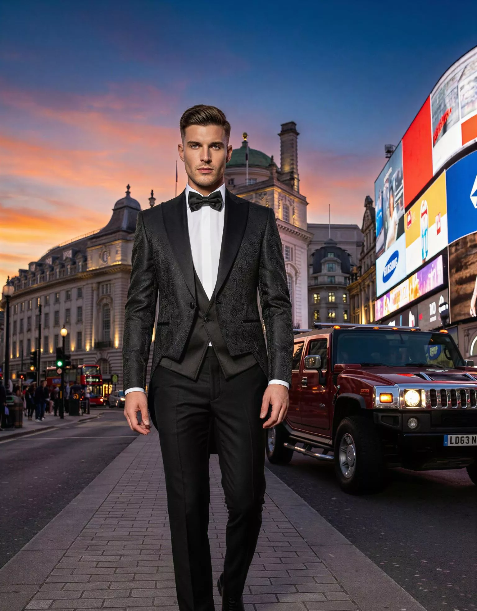 Traje de novio Ebisu, pose frontal, color negro, jacquard ,chaqué de ceremonia, Atelier Masculini