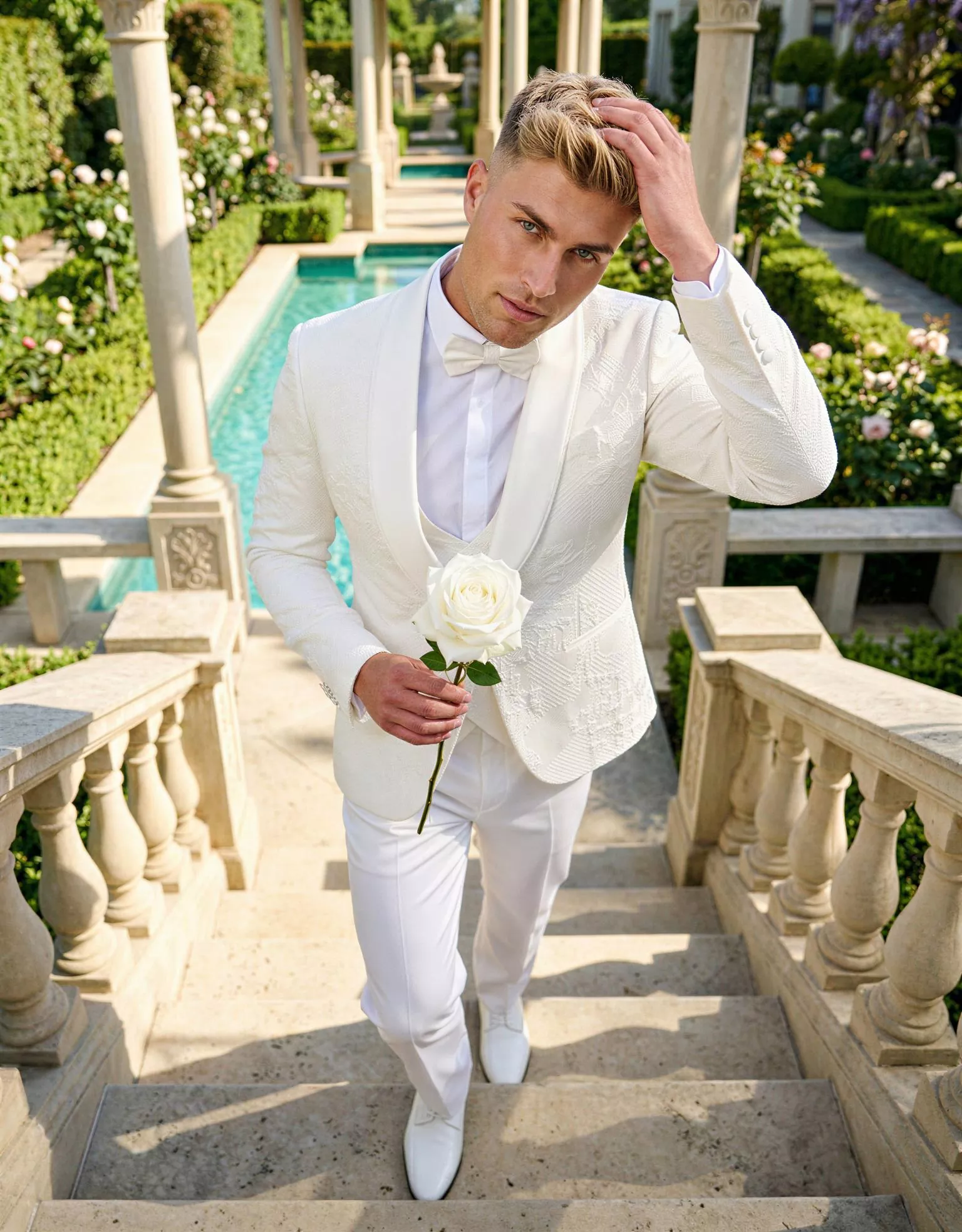 Traje de novio Flyn, pose cenital, color blanco con relieve, esmoquin, Atelier Masculini