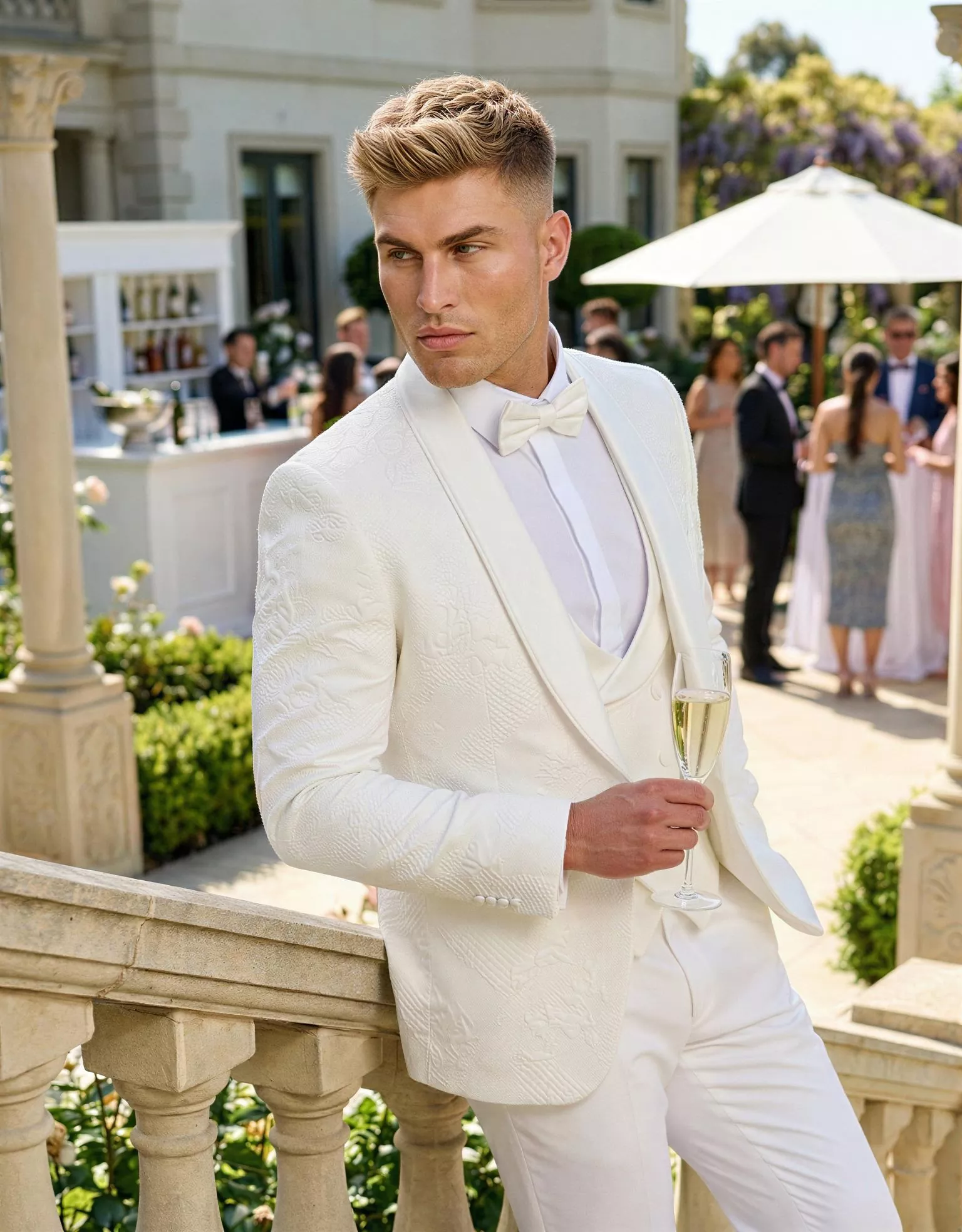 Traje de novio Flyn, pose escalera, color blanco con relieve, esmoquin, Atelier Masculini